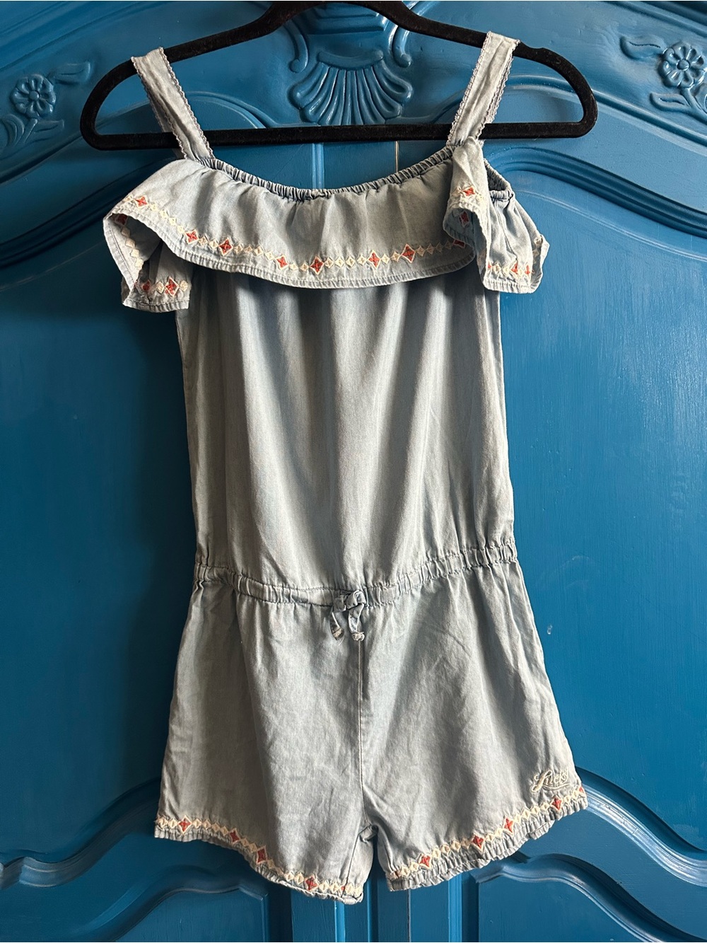 Lucky Brand Light Denim Blue Off-Shoulder Embroidered Romper